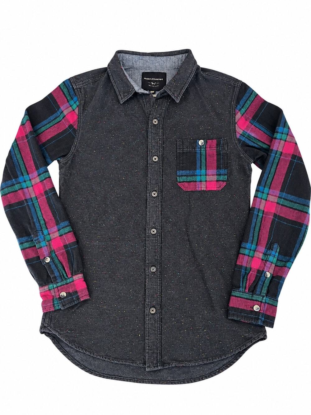 Modern Amusement Speckled Black Shirt with Plaid Sleeves 100% Cotton Size Small